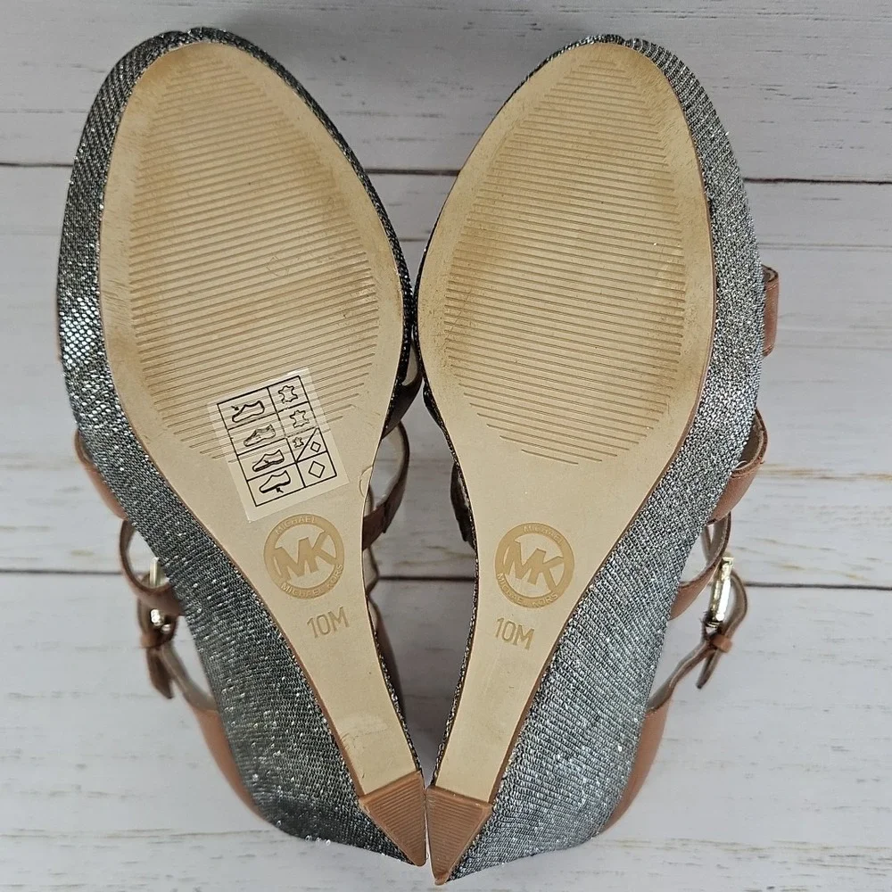 Michael Kors Faye Wedge Size‎ 10 Tan Gold Sparkle Leather Platform Sandals